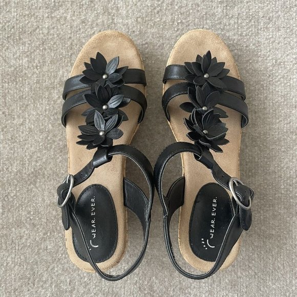Wear Ever Sandals Womens 7.5 Black Faux Leather Floral Wedge Buckle 3" Heel - Picture 5 of 15
